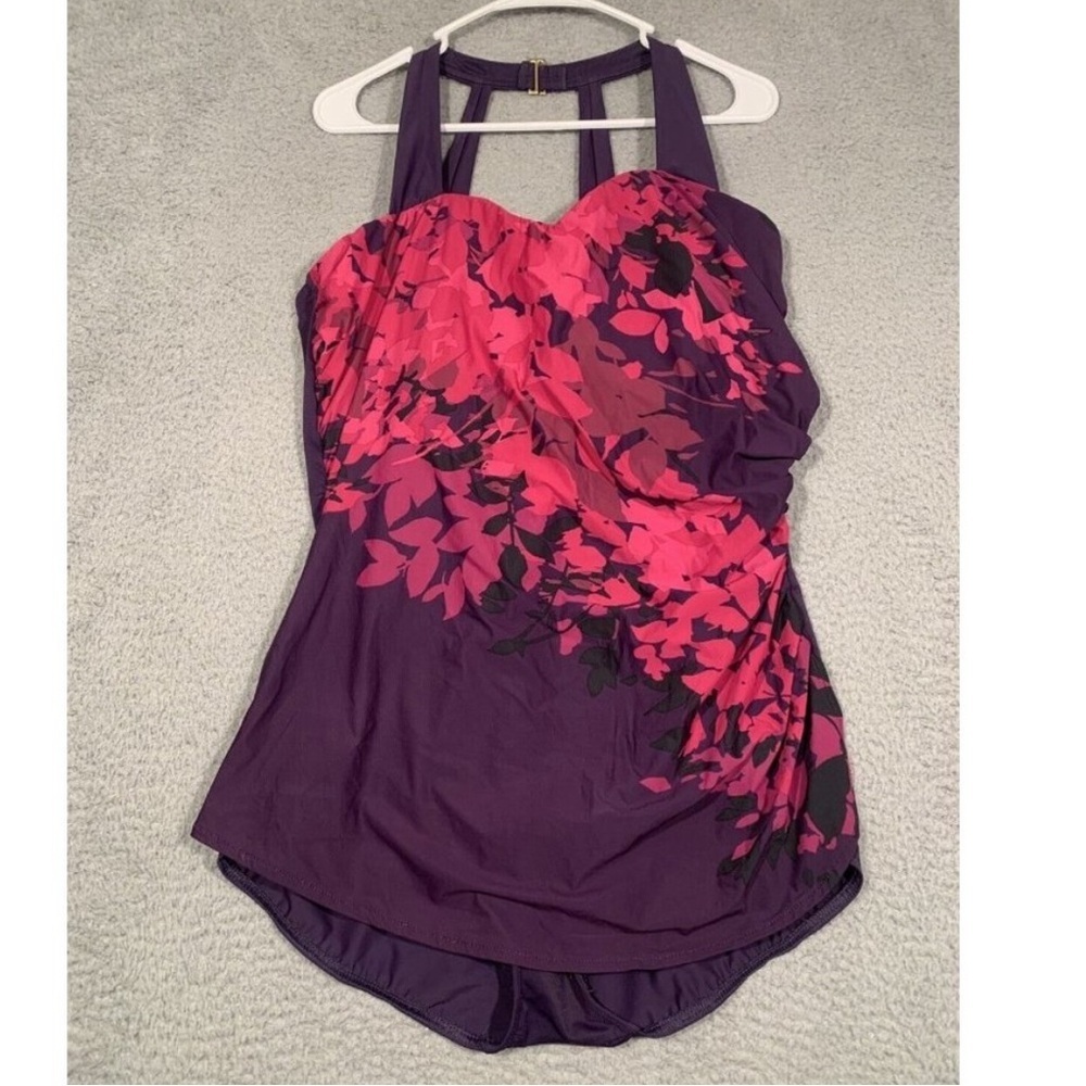 Lands End Swimsuit Purple Floral Whole Piece Skirt Front Adjustable Strap 16DDD